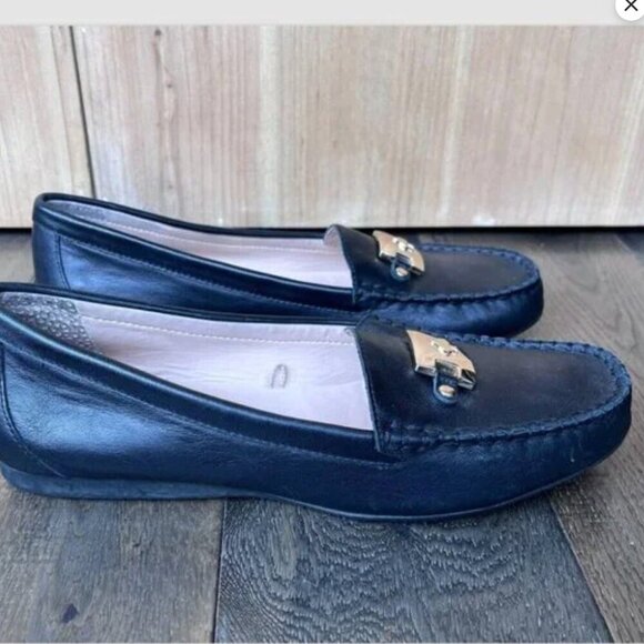 Kate Spade Carmen Black Leather Loafers Size 7.5 Gold Hardware Driving Flats - Picture 3 of 8
